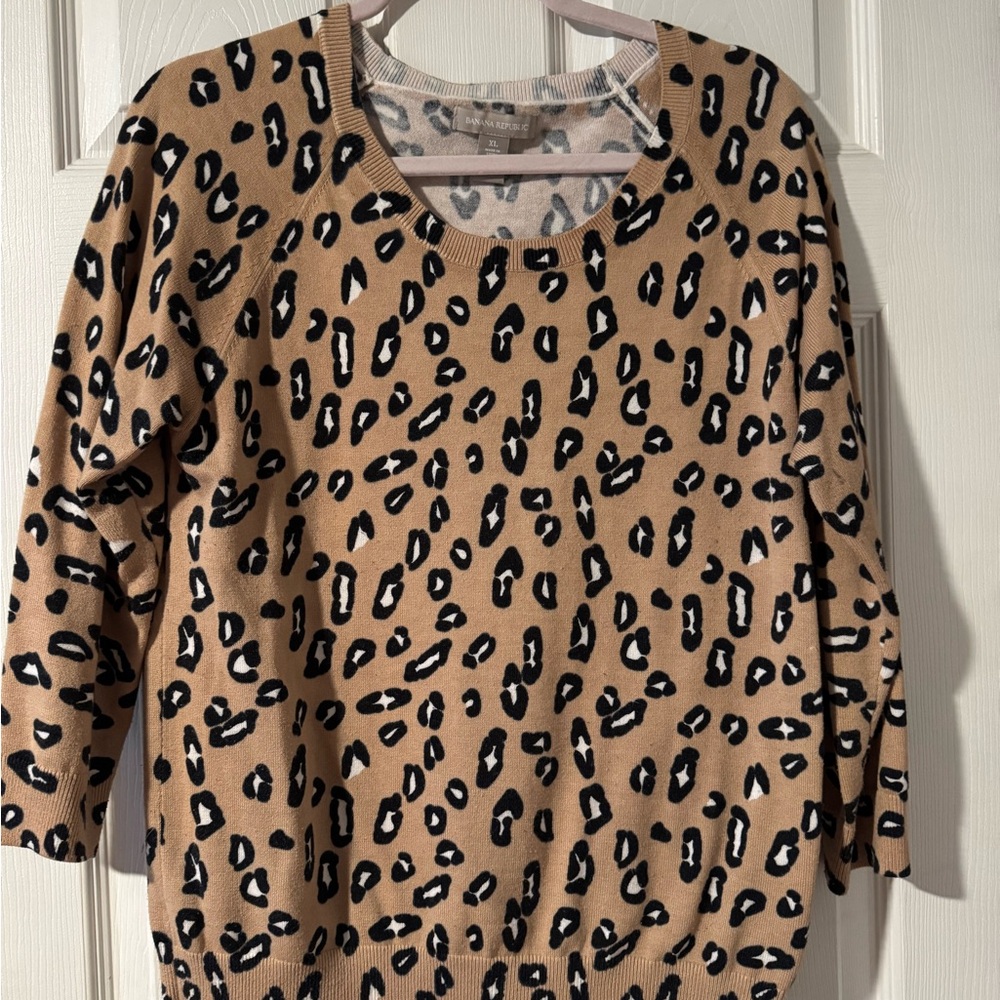 Banana Republic Tan Leopard-Print Crewneck Sweater with Black & Cream Spots